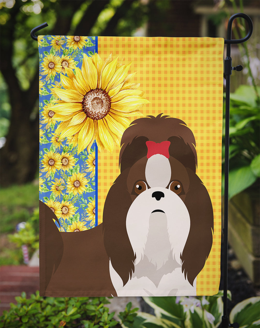 Summer Sunflowers Liver and White Shih Tzu Garden Flag Mailbox Decorative Yard Banner Outside Patio Artwork for Flower Beds, Garden Size, Multicolor