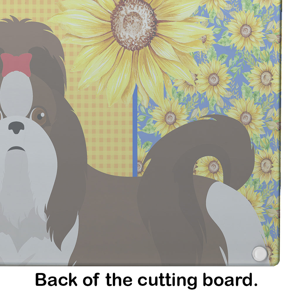 Summer Sunflowers Liver and White Shih Tzu Cutting Board Tempered Glass Kitchen Cutting Surface, Heat Resistant Chopping, Non-Slip Feet, Food Prep & Serving