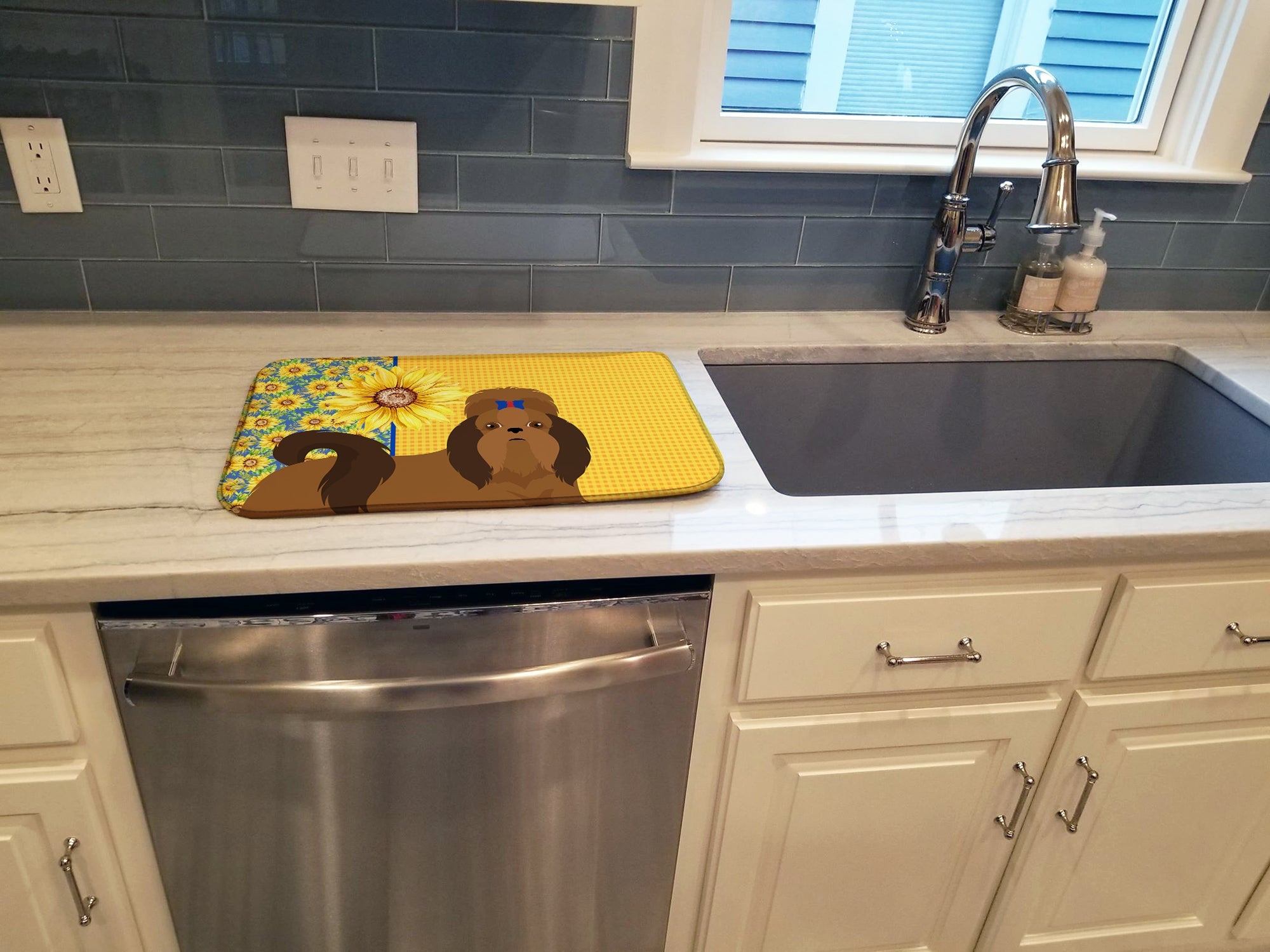 Summer Sunflowers Red Shih Tzu Dish Drying Mat Absorbent Dish Drying Mat Pad for Kitchen Counter Dish Drainer Mat for Countertop, 14 x 21", Multicolor