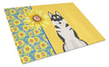 Summer Sunflowers Black Siberian Husky Cutting Board Tempered Glass Kitchen Cutting Surface, Heat Resistant Chopping, Non-Slip Feet, Food Prep & Serving