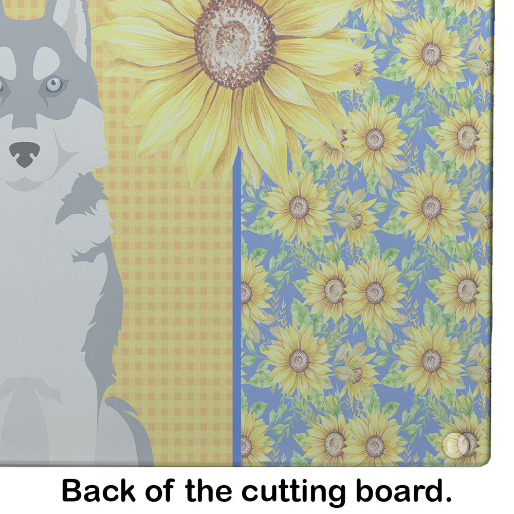 Summer Sunflowers Grey Siberian Husky Cutting Board Tempered Glass Kitchen Cutting Surface, Heat Resistant Chopping, Non-Slip Feet, Food Prep & Serving