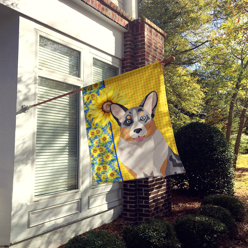 Summer Sunflowers Blue Merle Cardigan Corgi House Flag 28x40 Porch Sleeve Pole Decorative Outside Yard Banner Artwork Wall Hanging, Polyester