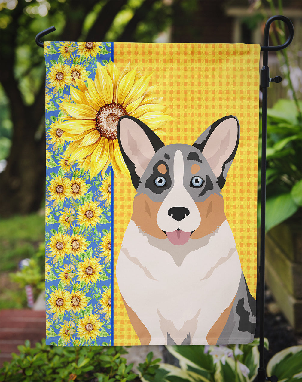 Summer Sunflowers Blue Merle Cardigan Corgi Garden Flag Mailbox Decorative Yard Banner Outside Patio Artwork for Flower Beds, Garden Size, Multicolor