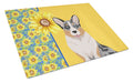 Summer Sunflowers Blue Merle Cardigan Corgi Cutting Board Tempered Glass Kitchen Cutting Surface, Heat Resistant Chopping, Non-Slip Feet, Food Prep & Serving