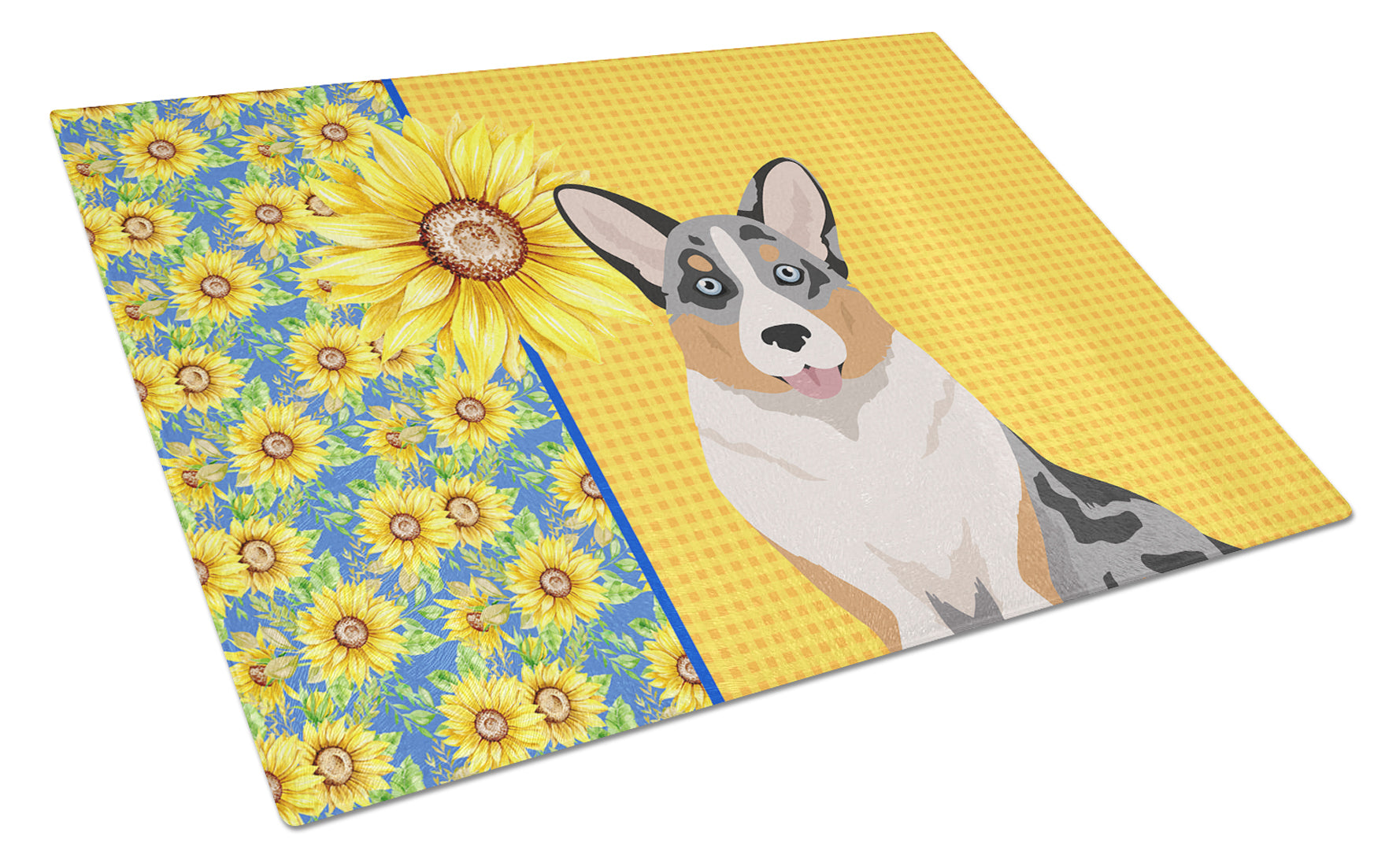 Summer Sunflowers Blue Merle Cardigan Corgi Cutting Board Tempered Glass Kitchen Cutting Surface, Heat Resistant Chopping, Non-Slip Feet, Food Prep & Serving