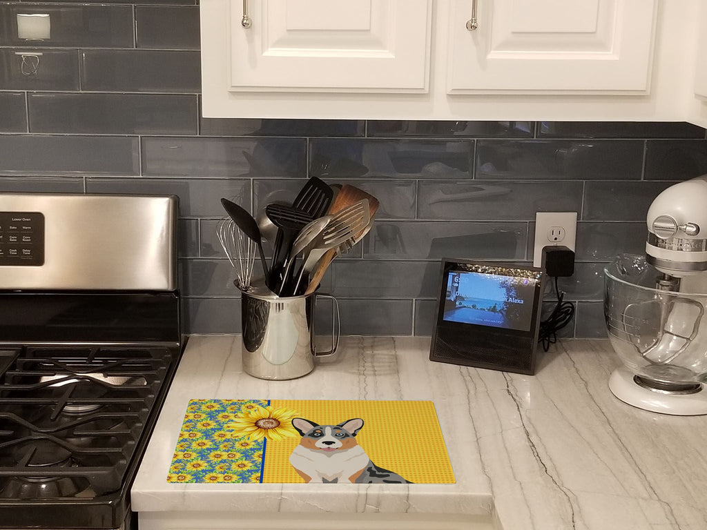 Summer Sunflowers Blue Merle Cardigan Corgi Cutting Board Tempered Glass Kitchen Cutting Surface, Heat Resistant Chopping, Non-Slip Feet, Food Prep & Serving
