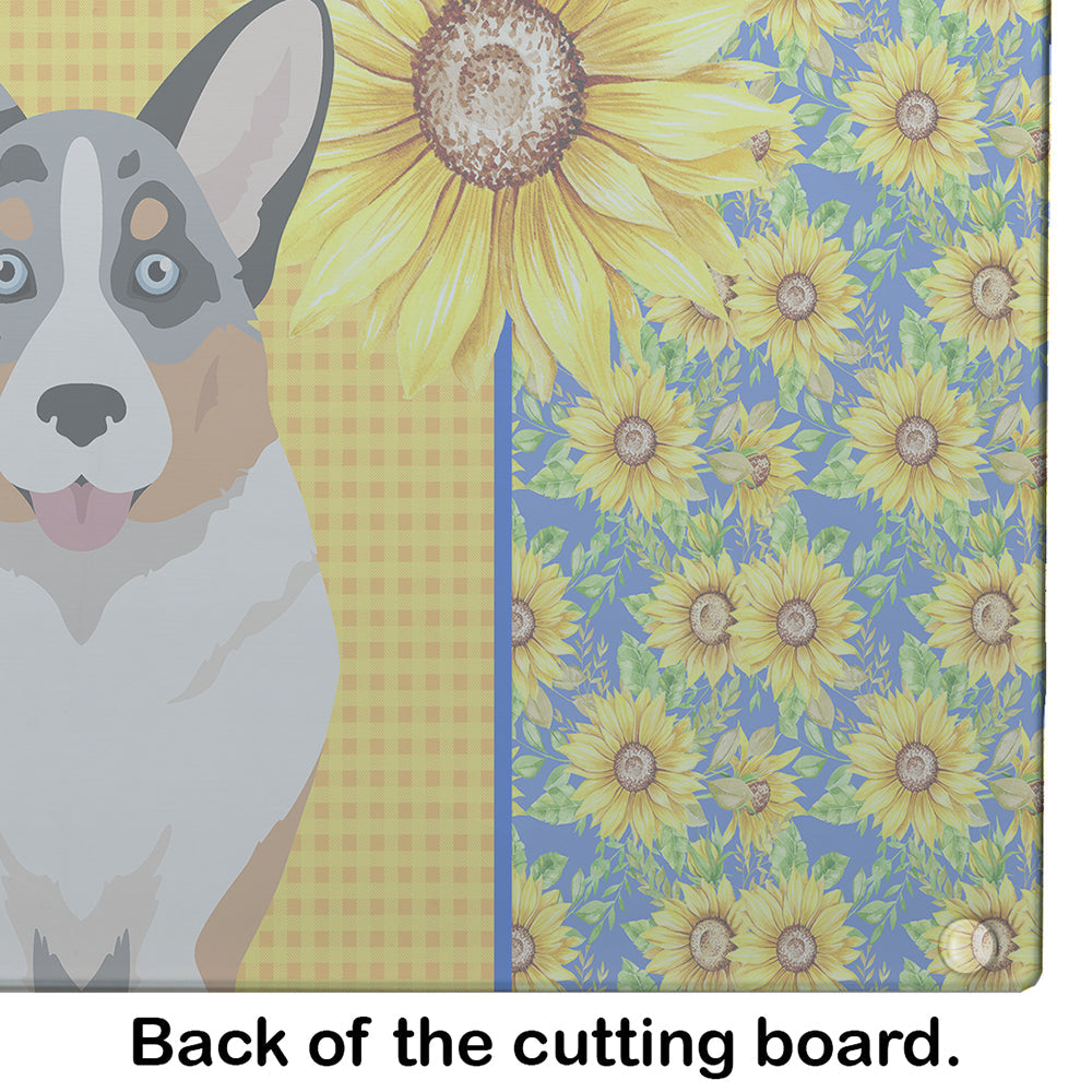 Summer Sunflowers Blue Merle Cardigan Corgi Cutting Board Tempered Glass Kitchen Cutting Surface, Heat Resistant Chopping, Non-Slip Feet, Food Prep & Serving