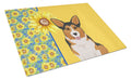 Summer Sunflowers Sable Pembroke Corgi Cutting Board Tempered Glass Kitchen Cutting Surface, Heat Resistant Chopping, Non-Slip Feet, Food Prep & Serving
