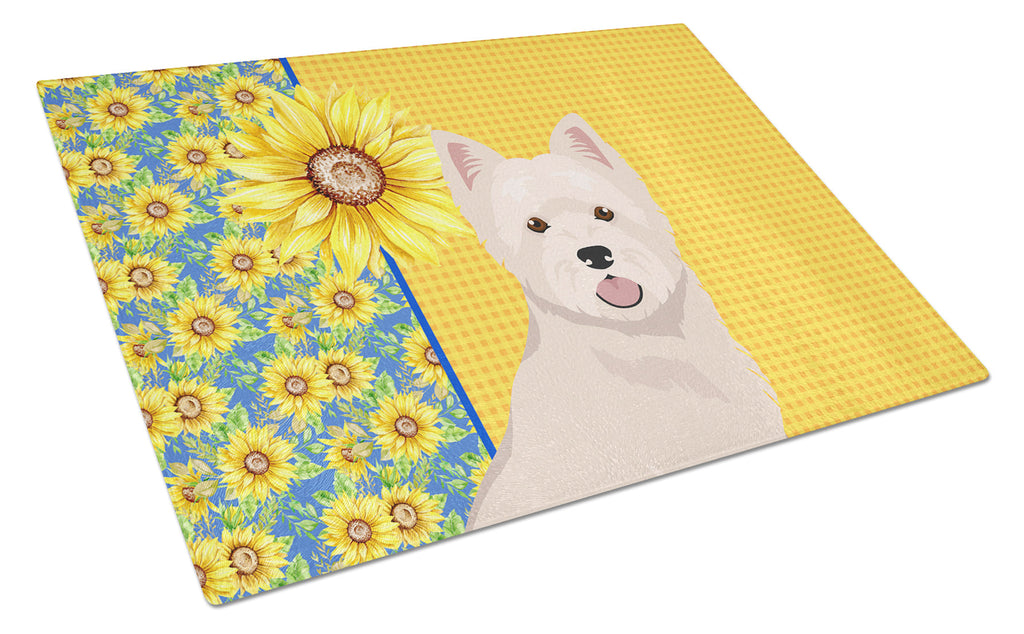 Summer Sunflowers Westie West Highland White Terrier Cutting Board Tempered Glass Kitchen Cutting Surface, Heat Resistant Chopping, Non-Slip Feet, Food Prep & Serving