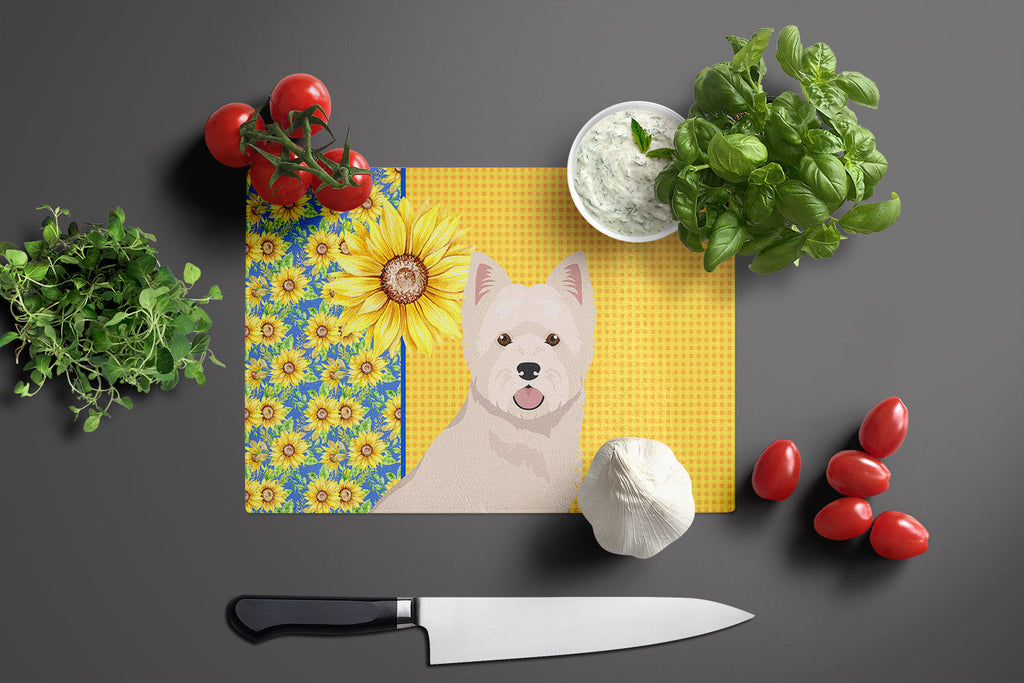 Summer Sunflowers Westie West Highland White Terrier Cutting Board Tempered Glass Kitchen Cutting Surface, Heat Resistant Chopping, Non-Slip Feet, Food Prep & Serving