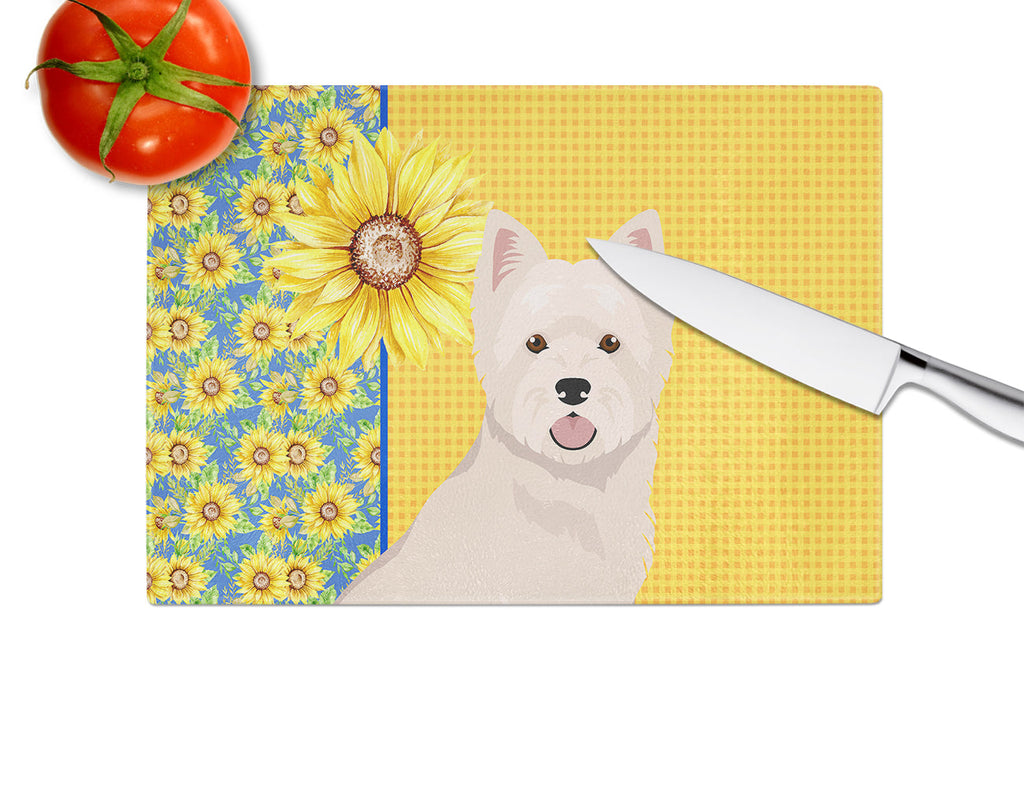 Summer Sunflowers Westie West Highland White Terrier Cutting Board Tempered Glass Kitchen Cutting Surface, Heat Resistant Chopping, Non-Slip Feet, Food Prep & Serving