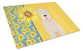 Summer Sunflowers Soft Coated Wheaten Terrier Cutting Board Tempered Glass Kitchen Cutting Surface, Heat Resistant Chopping, Non-Slip Feet, Food Prep & Serving