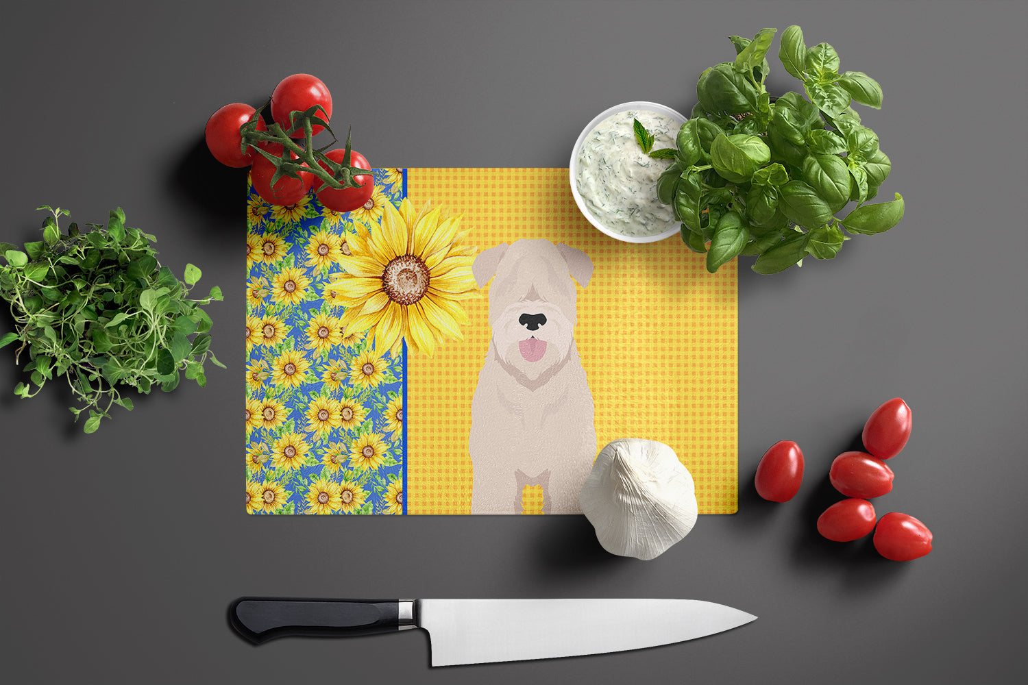 Summer Sunflowers Soft Coated Wheaten Terrier Cutting Board Tempered Glass Kitchen Cutting Surface, Heat Resistant Chopping, Non-Slip Feet, Food Prep & Serving