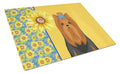 Summer Sunflowers Black and Tan Full Coat Yorkshire Terrier Cutting Board Tempered Glass Kitchen Cutting Surface, Heat Resistant Chopping, Non-Slip Feet, Food Prep & Serving
