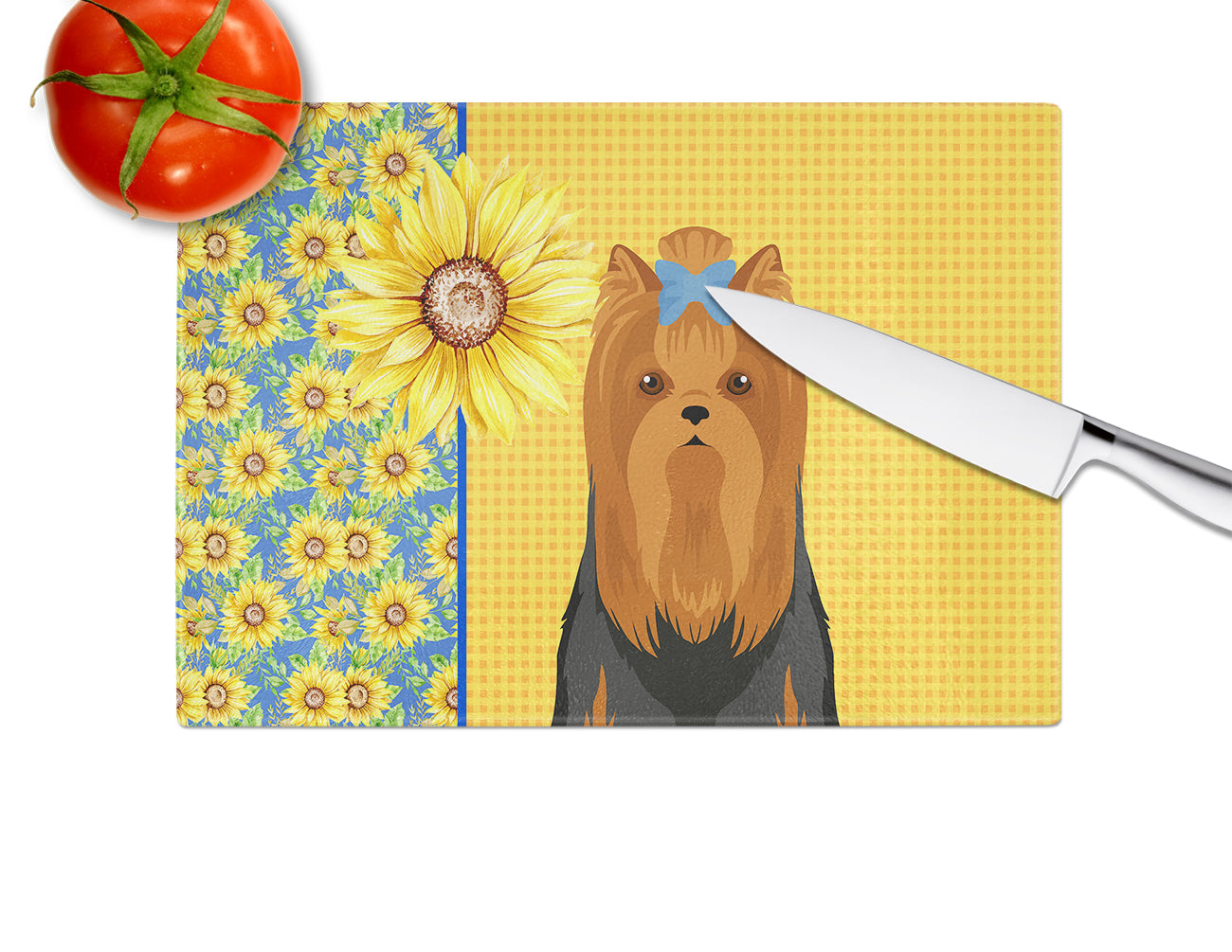 Summer Sunflowers Black and Tan Full Coat Yorkshire Terrier Cutting Board Tempered Glass Kitchen Cutting Surface, Heat Resistant Chopping, Non-Slip Feet, Food Prep & Serving