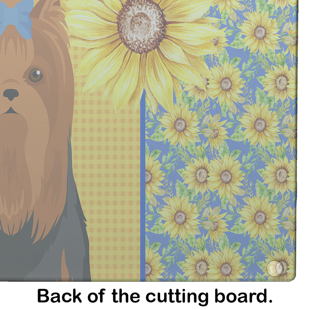Summer Sunflowers Black and Tan Full Coat Yorkshire Terrier Cutting Board Tempered Glass Kitchen Cutting Surface, Heat Resistant Chopping, Non-Slip Feet, Food Prep & Serving