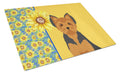 Summer Sunflowers Black and Tan Puppy Cut Yorkshire Terrier Cutting Board Tempered Glass Kitchen Cutting Surface, Heat Resistant Chopping, Non-Slip Feet, Food Prep & Serving
