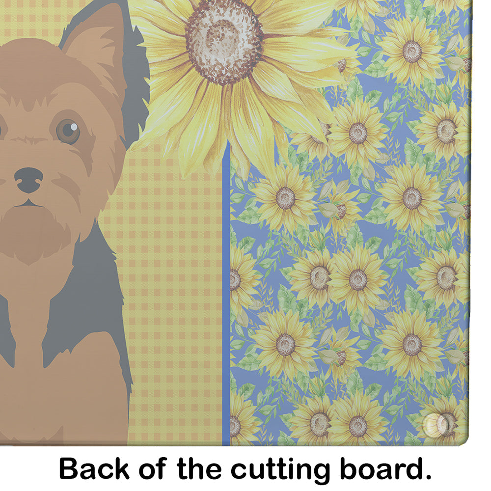 Summer Sunflowers Black and Tan Puppy Cut Yorkshire Terrier Cutting Board Tempered Glass Kitchen Cutting Surface, Heat Resistant Chopping, Non-Slip Feet, Food Prep & Serving