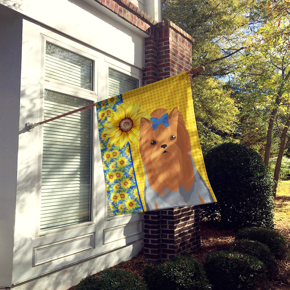 Summer Sunflowers Blue and Tan Full Coat Yorkshire Terrier House Flag 28x40 Porch Sleeve Pole Decorative Outside Yard Banner Artwork Wall Hanging, Polyester
