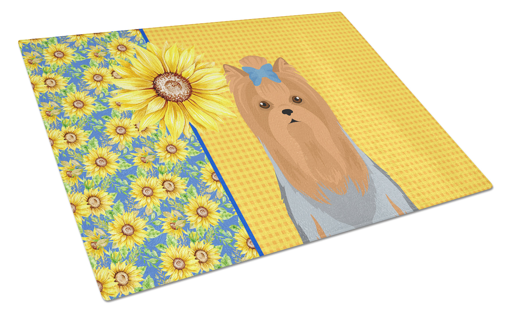 Summer Sunflowers Blue and Tan Full Coat Yorkshire Terrier Cutting Board Tempered Glass Kitchen Cutting Surface, Heat Resistant Chopping, Non-Slip Feet, Food Prep & Serving
