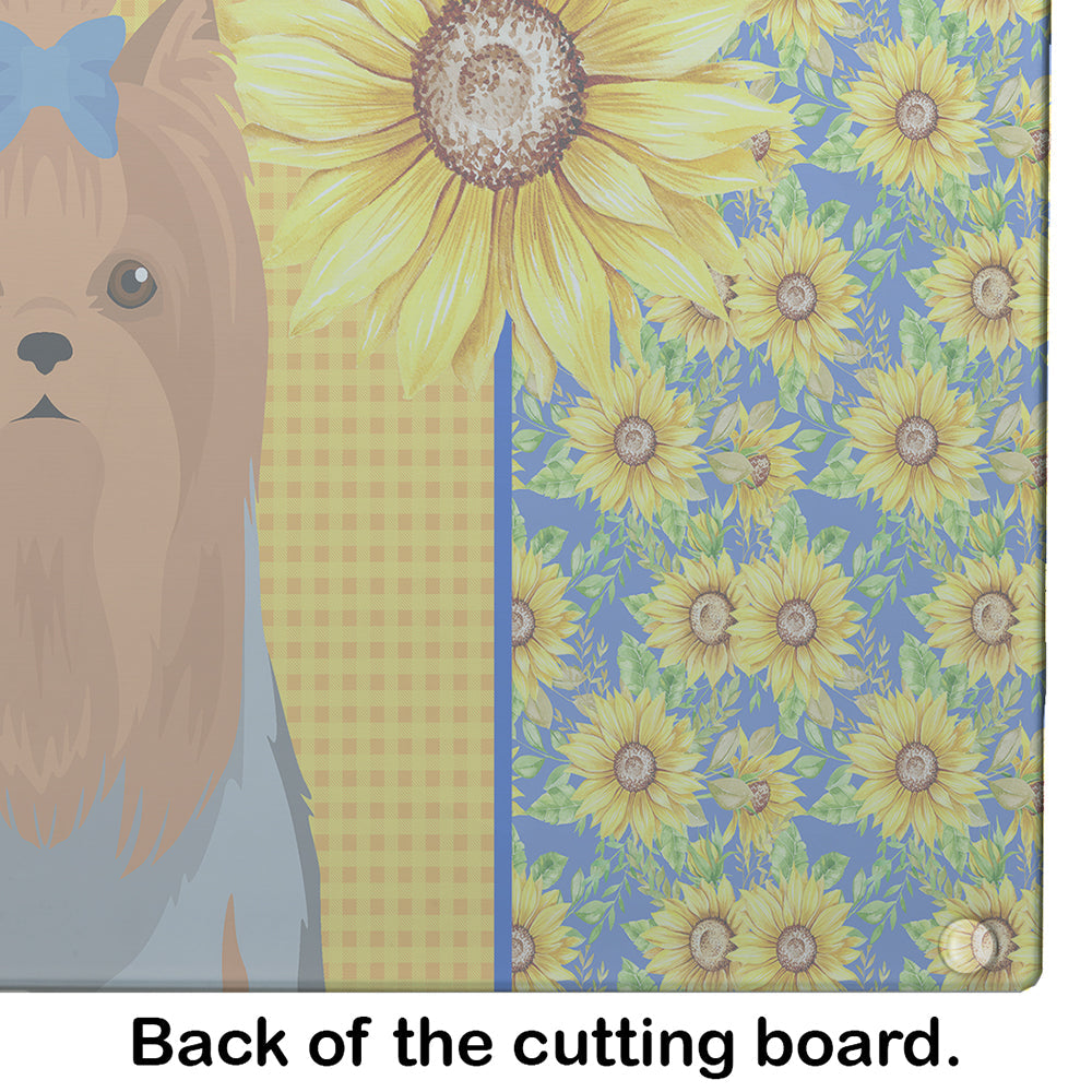 Summer Sunflowers Blue and Tan Full Coat Yorkshire Terrier Cutting Board Tempered Glass Kitchen Cutting Surface, Heat Resistant Chopping, Non-Slip Feet, Food Prep & Serving