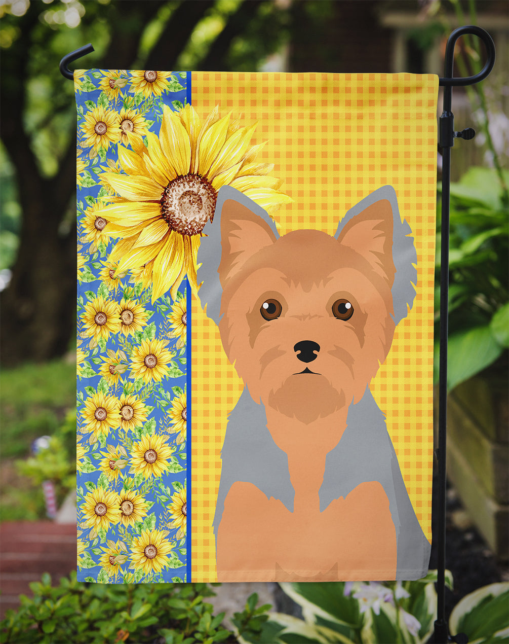 Summer Sunflowers Blue and Tan Puppy Cut Yorkshire Terrier Garden Flag Mailbox Decorative Yard Banner Outside Patio Artwork for Flower Beds, Garden Size, Multicolor