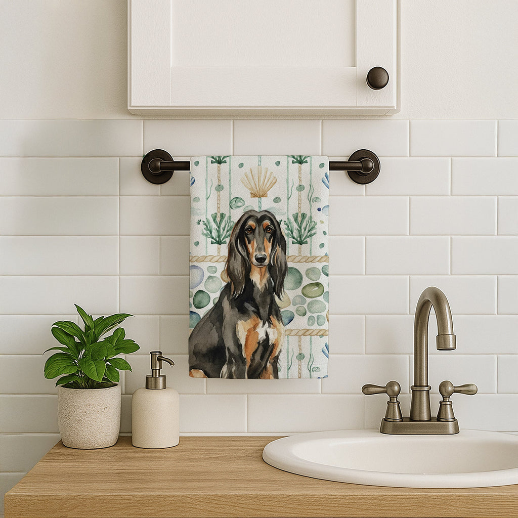 Black & Tan Afghan Hound Coastal Sea Glass Kitchen Towel Velour Plush Front and Cotton Loop Back Machine Washable