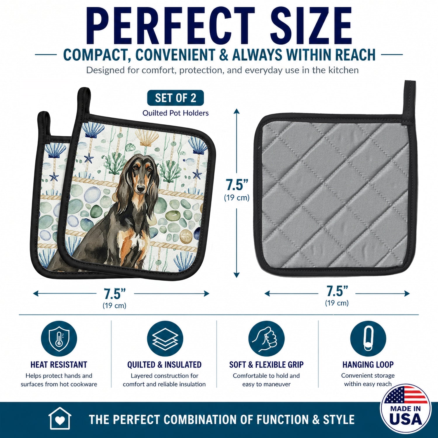 Black & Tan Afghan Hound Coastal Sea Glass Pot Holder Set of 2 Heat Resistant Quilted Hot Pads 7.5 x 7.5 Inch, Insulated Kitchen Trivets for Cooking & Baking