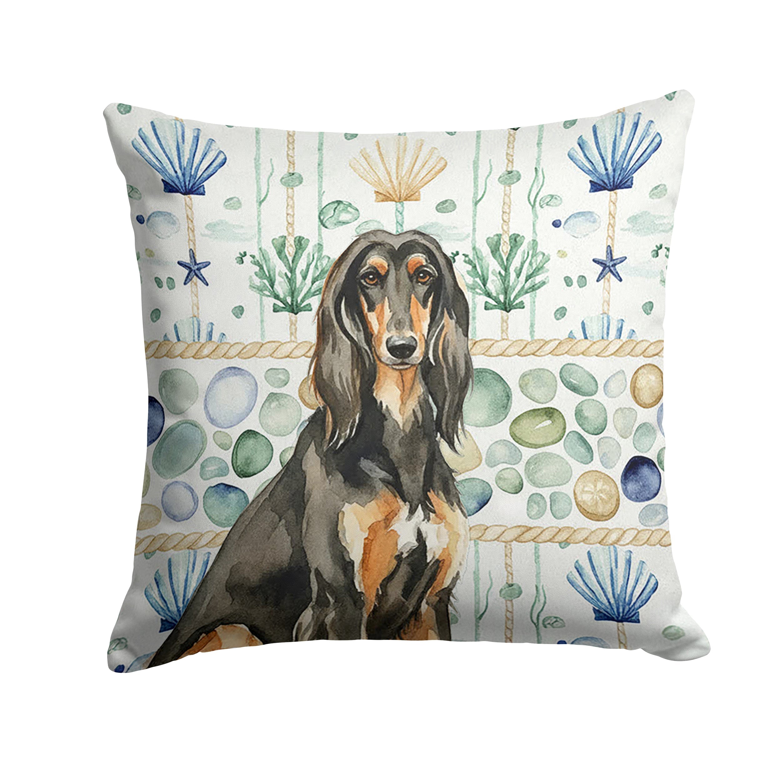 Black & Tan Afghan Hound Coastal Sea Glass Decorative Throw Pillow 14x14 Indoor Outdoor Accent Cushion, Fabric Cover with Insert for Sofa, Bed, Porch & Living Room