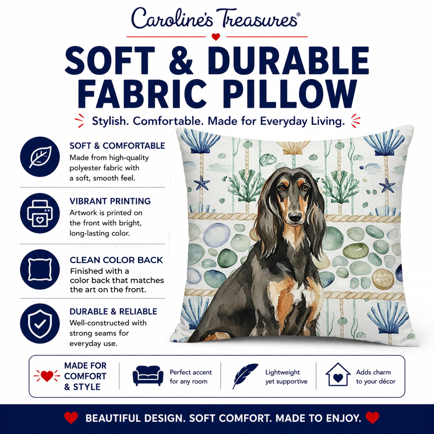 Black & Tan Afghan Hound Coastal Sea Glass Decorative Throw Pillow 18x18 Indoor Outdoor Accent Cushion, Fabric Cover with Insert for Sofa, Bed, Porch & Living Room