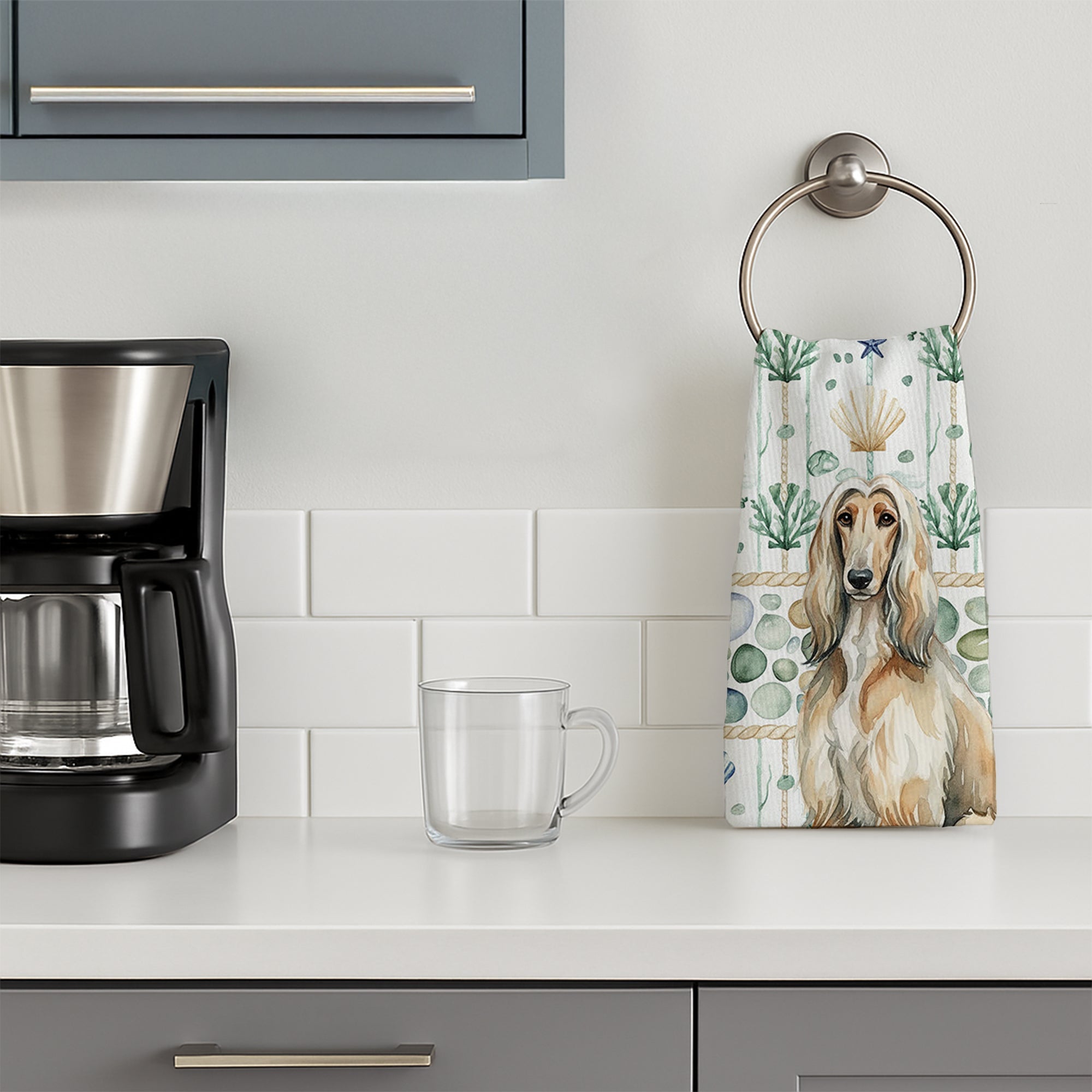 Afghan Hound Coastal Sea Glass Kitchen Towel Velour Plush Front and Cotton Loop Back Machine Washable