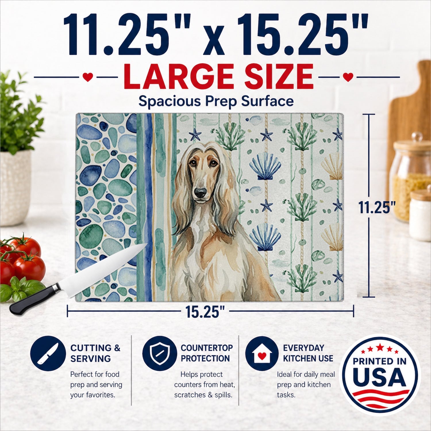 Afghan Hound Coastal Sea Glass Cutting Board Tempered Glass Kitchen Cutting Surface, Heat Resistant Chopping, Non-Slip Feet, Food Prep & Serving