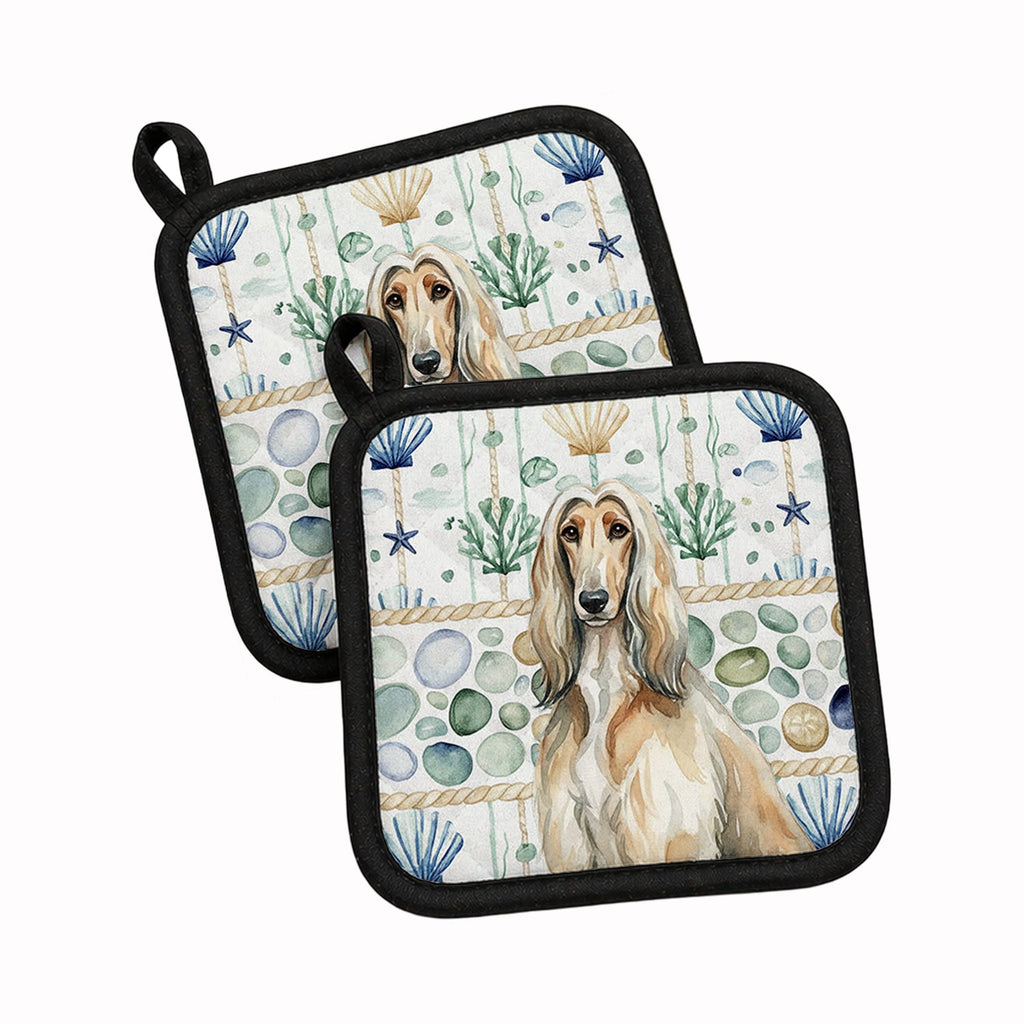 Afghan Hound Coastal Sea Glass Pot Holder Set of 2 Heat Resistant Quilted Hot Pads 7.5 x 7.5 Inch, Insulated Kitchen Trivets for Cooking & Baking