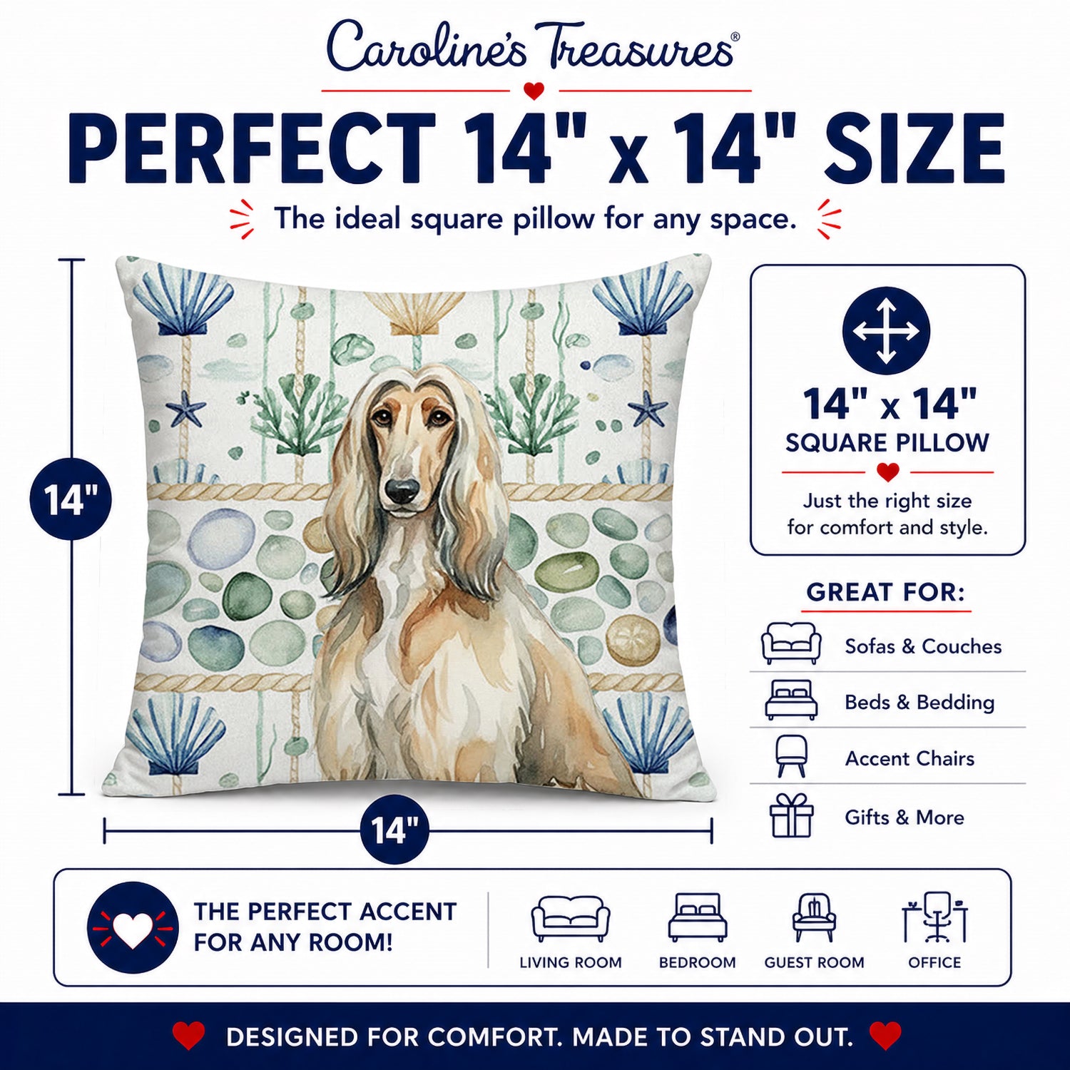 Afghan Hound Coastal Sea Glass Decorative Throw Pillow 14x14 Indoor Outdoor Accent Cushion, Fabric Cover with Insert for Sofa, Bed, Porch & Living Room
