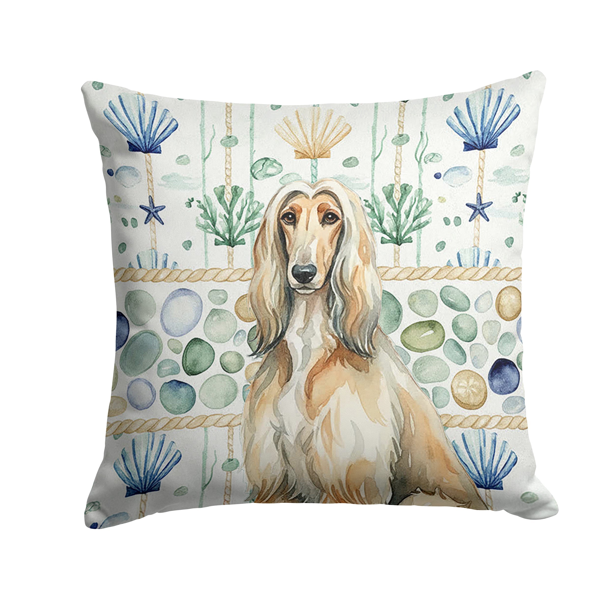Afghan Hound Coastal Sea Glass Decorative Throw Pillow 14x14 Indoor Outdoor Accent Cushion, Fabric Cover with Insert for Sofa, Bed, Porch & Living Room
