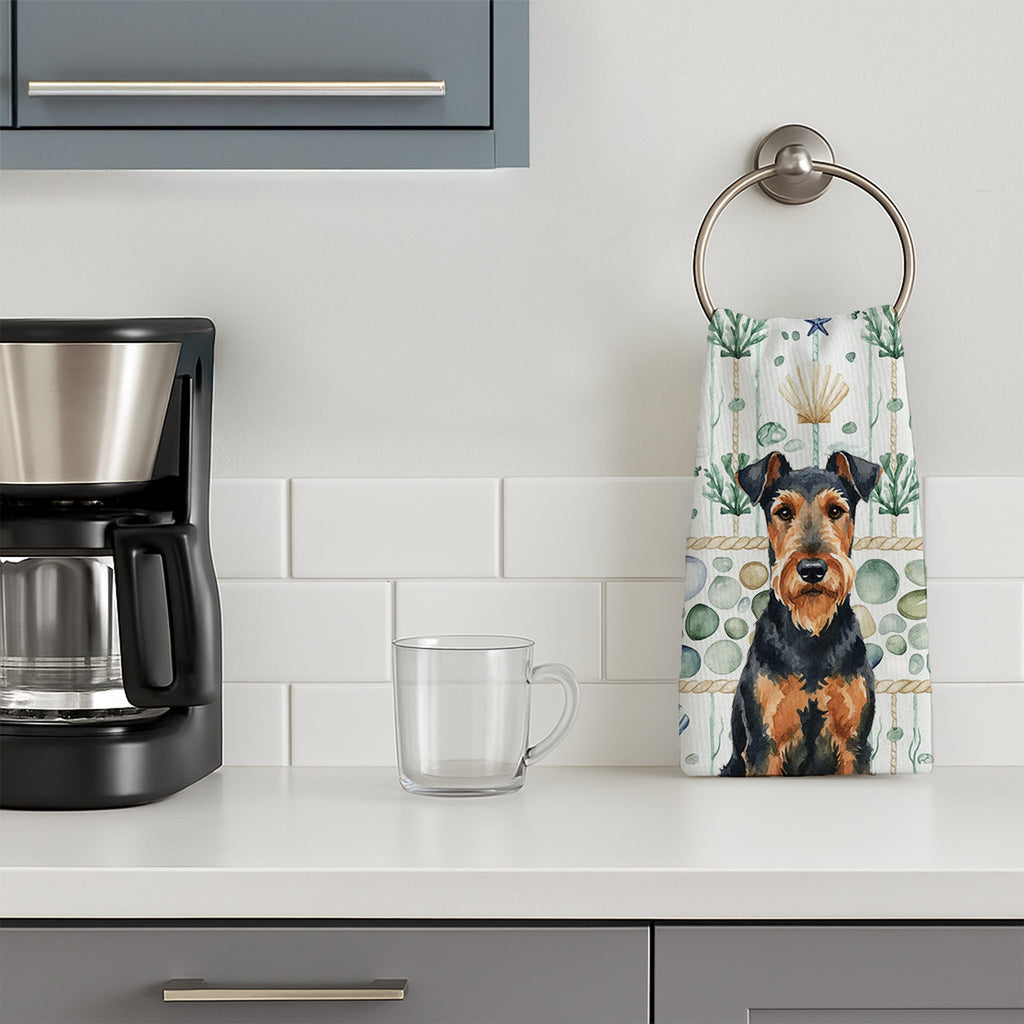Airedale Terrier Coastal Sea Glass Kitchen Towel Velour Plush Front and Cotton Loop Back Machine Washable