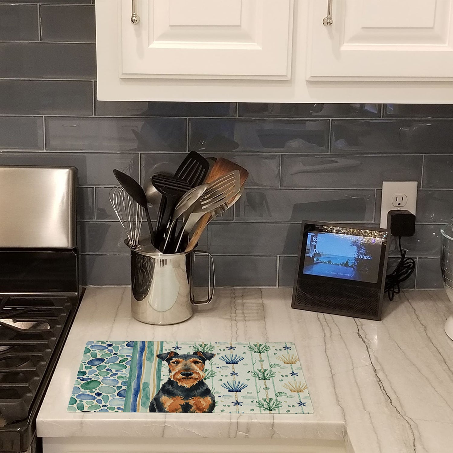 Airedale Terrier Coastal Sea Glass Cutting Board Tempered Glass Kitchen Cutting Surface, Heat Resistant Chopping, Non-Slip Feet, Food Prep & Serving