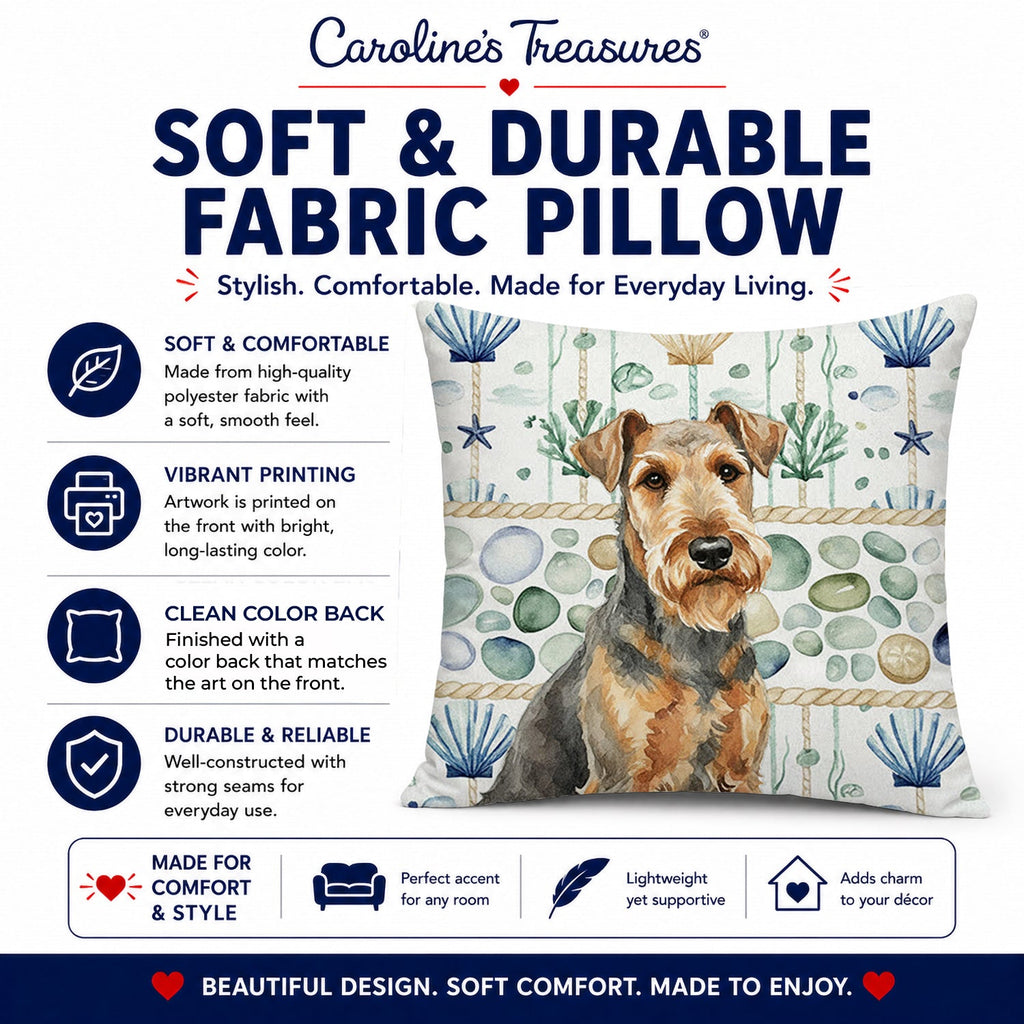 Grizzle Airedale Terrier Coastal Sea Glass Decorative Throw Pillow 14x14 Indoor Outdoor Accent Cushion, Fabric Cover with Insert for Sofa, Bed, Porch & Living Room