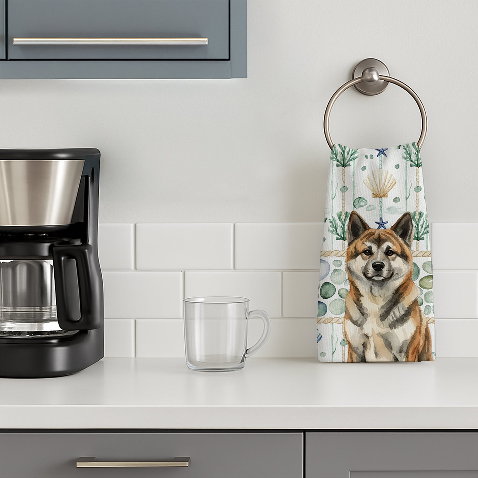 Brindle Akita Coastal Sea Glass Kitchen Towel Velour Plush Front and Cotton Loop Back Machine Washable