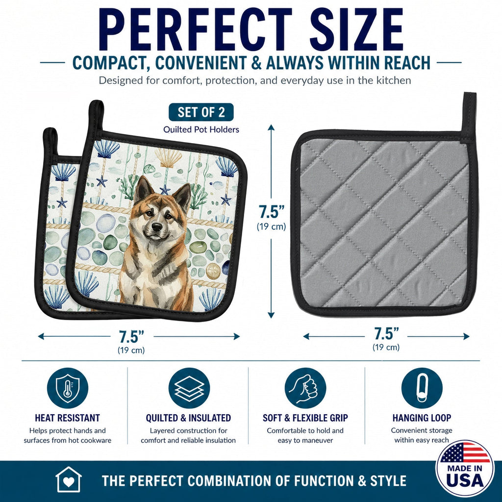 Brindle Akita Coastal Sea Glass Pot Holder Set of 2 Heat Resistant Quilted Hot Pads 7.5 x 7.5 Inch, Insulated Kitchen Trivets for Cooking & Baking