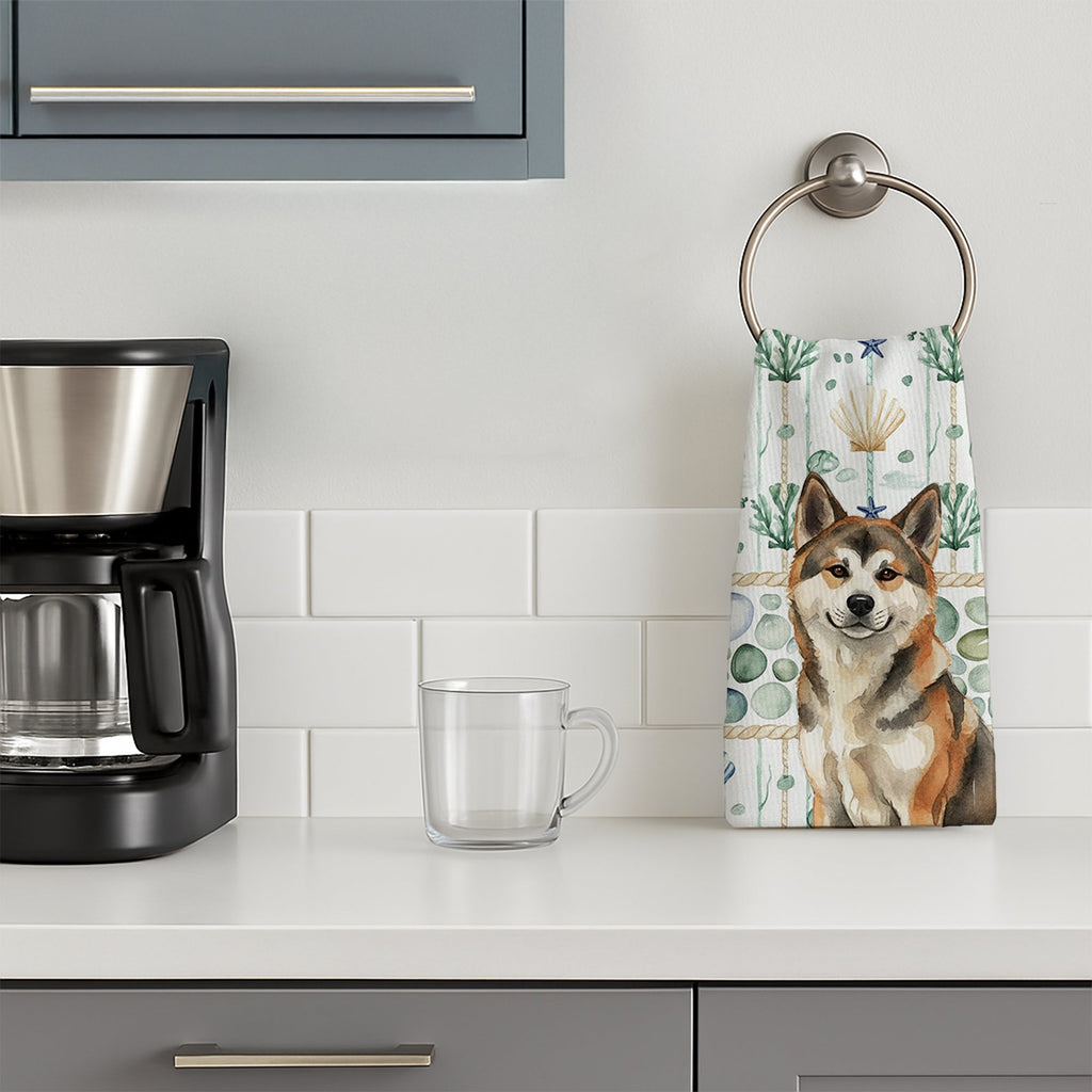 Sesame Akita Coastal Sea Glass Kitchen Towel Velour Plush Front and Cotton Loop Back Machine Washable