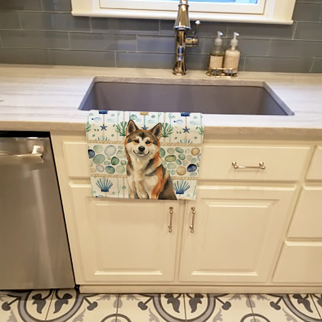 Sesame Akita Coastal Sea Glass Kitchen Towel Velour Plush Front and Cotton Loop Back Machine Washable