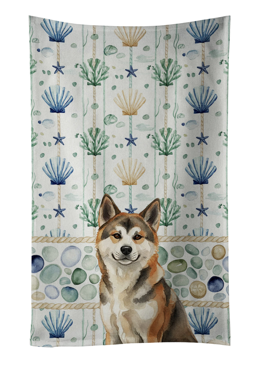 Sesame Akita Coastal Sea Glass Kitchen Towel Velour Plush Front and Cotton Loop Back Machine Washable