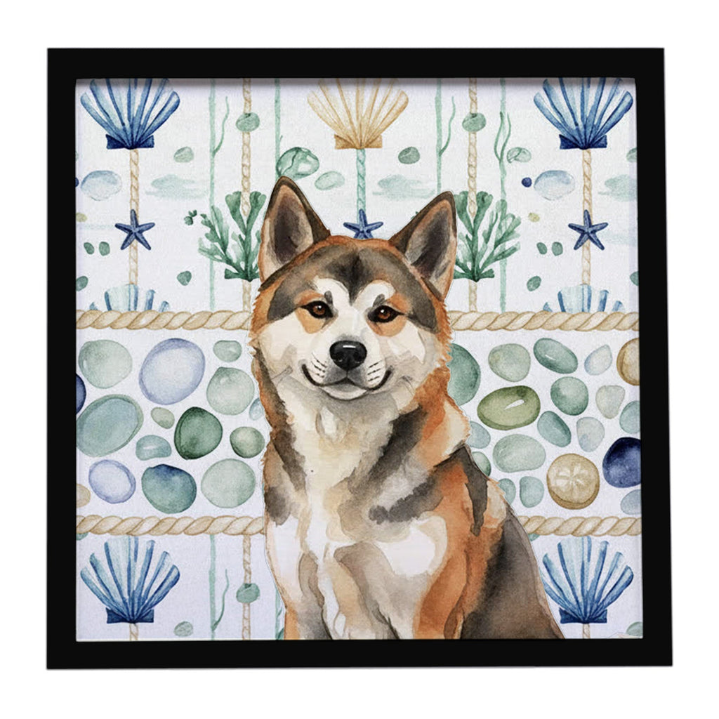 Sesame Akita Coastal Sea Glass Framed Metal Print Bathroom, Kitchen, Office, Home Decor Wall Art Ready to Hang, Square, 8X8