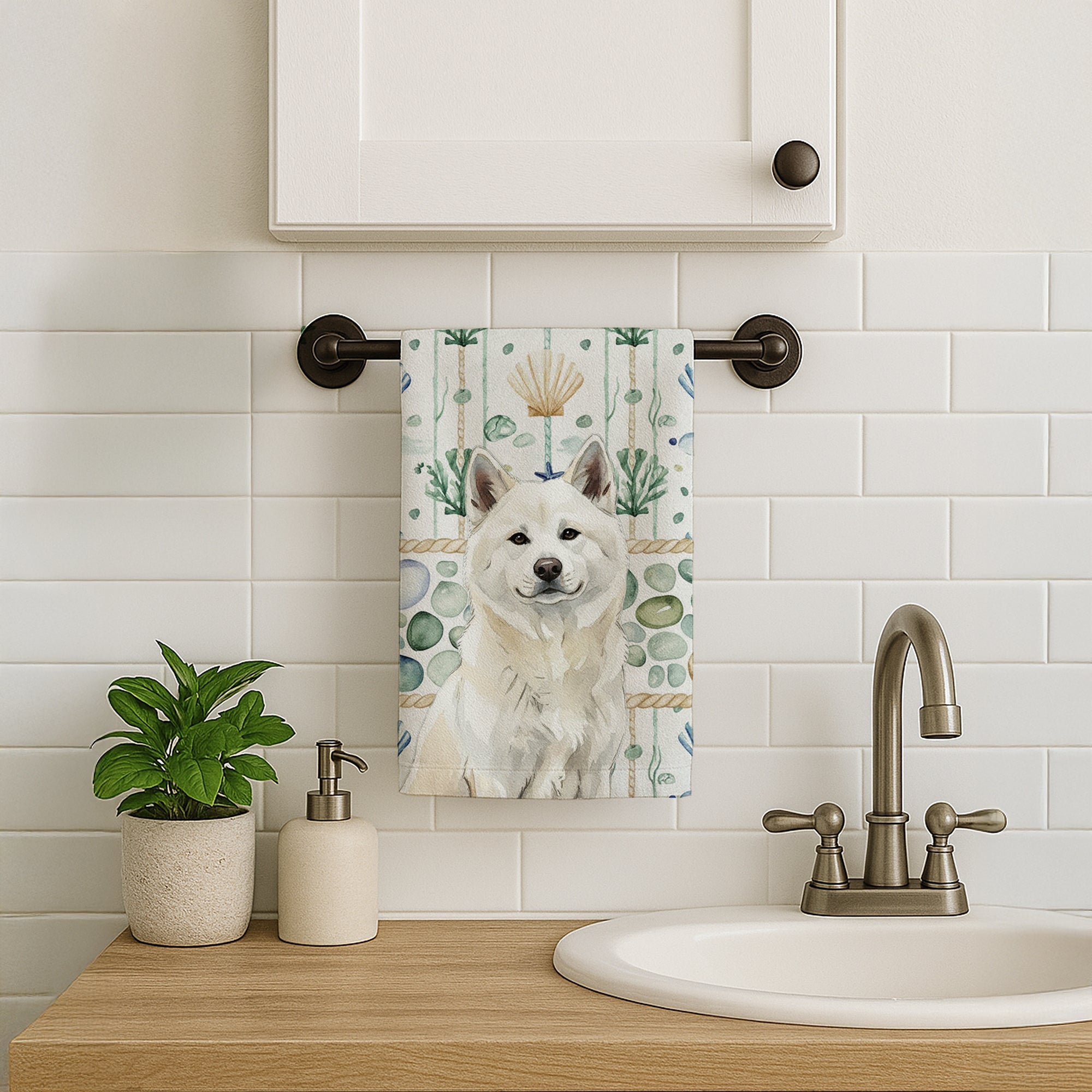 White Akita Coastal Sea Glass Kitchen Towel Velour Plush Front and Cotton Loop Back Machine Washable