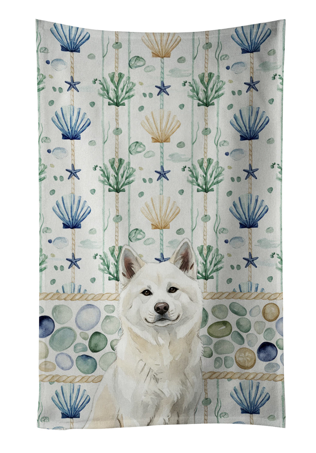 White Akita Coastal Sea Glass Kitchen Towel Velour Plush Front and Cotton Loop Back Machine Washable