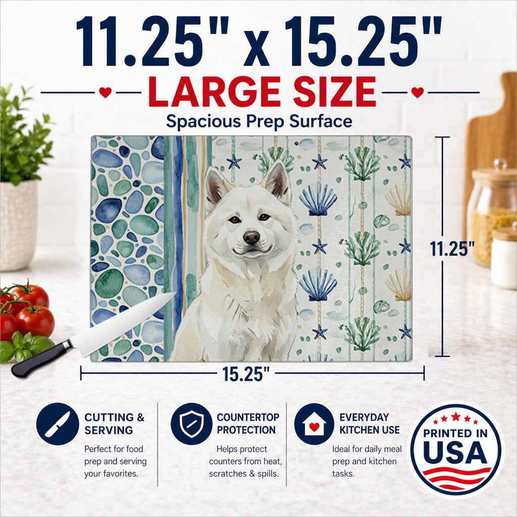 White Akita Coastal Sea Glass Cutting Board Tempered Glass Kitchen Cutting Surface, Heat Resistant Chopping, Non-Slip Feet, Food Prep & Serving