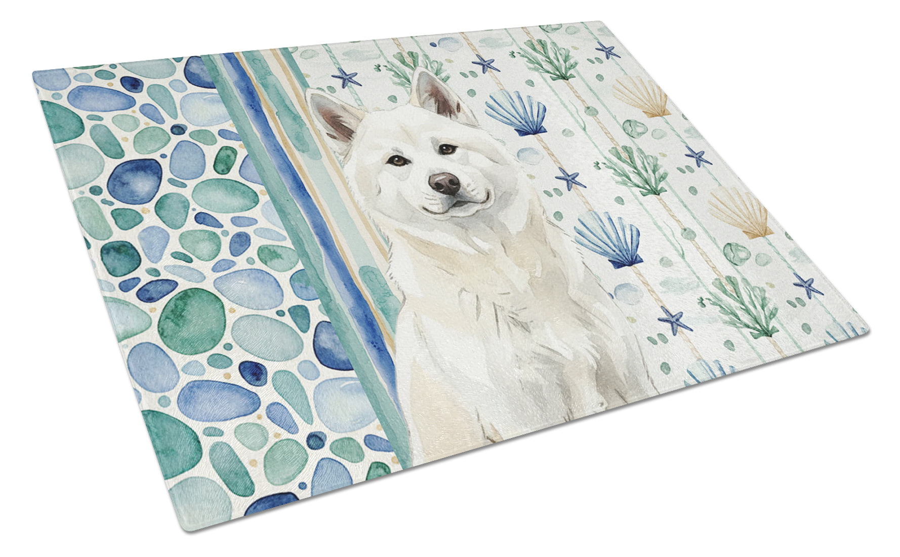 White Akita Coastal Sea Glass Cutting Board Tempered Glass Kitchen Cutting Surface, Heat Resistant Chopping, Non-Slip Feet, Food Prep & Serving