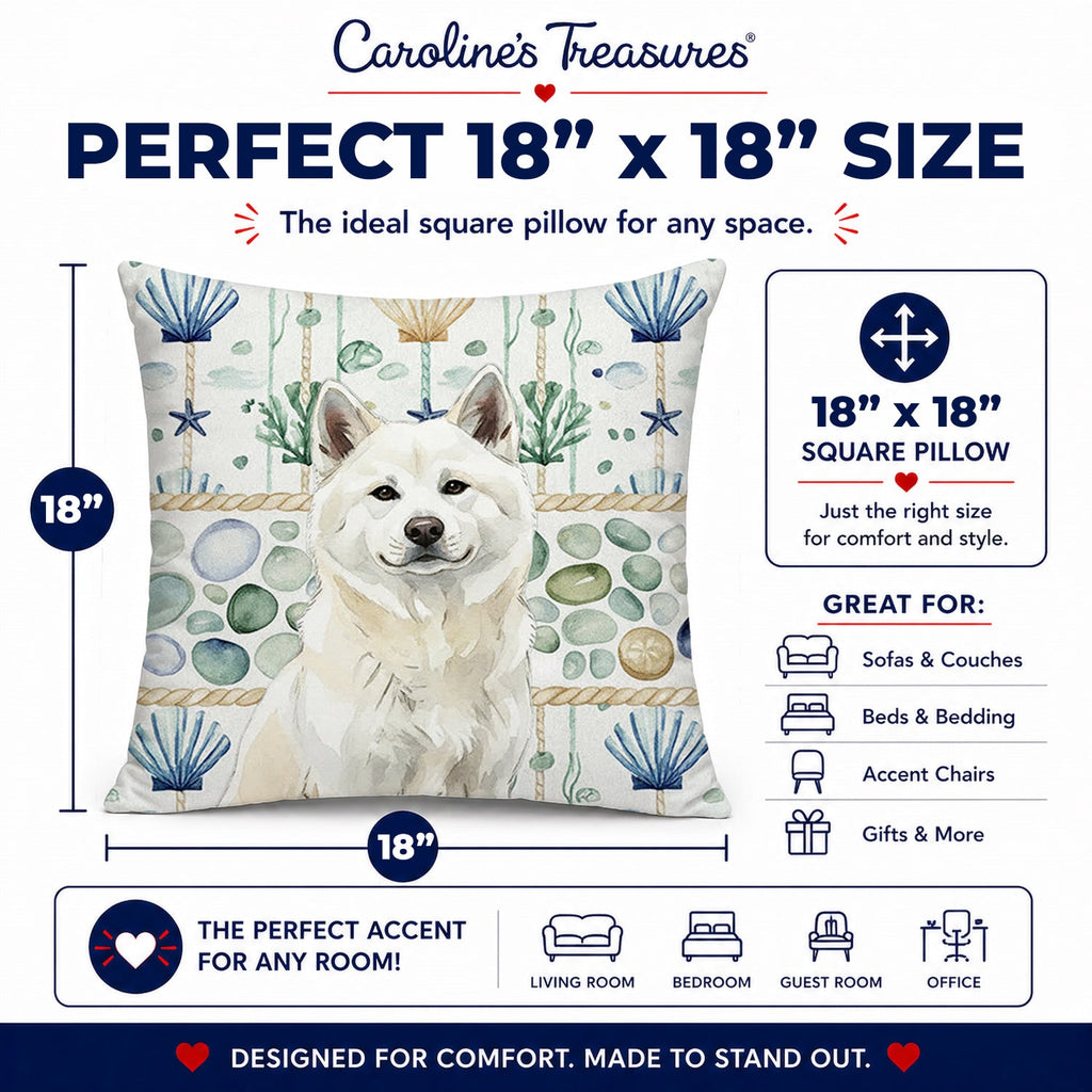 White Akita Coastal Sea Glass Decorative Throw Pillow 18x18 Indoor Outdoor Accent Cushion, Fabric Cover with Insert for Sofa, Bed, Porch & Living Room