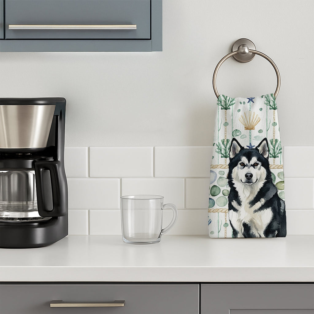 Black and White Alaskan Malamute Coastal Sea Glass Kitchen Towel Velour Plush Front and Cotton Loop Back Machine Washable
